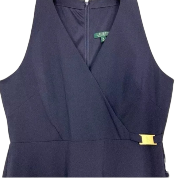 Ralph Lauren Navy Fit and Flare Halter V-neck Midi Dres Gold Signature Buckle - Picture 8 of 8